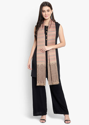 Beige Striped Woolen Shawl - Indian Silk House Agencies