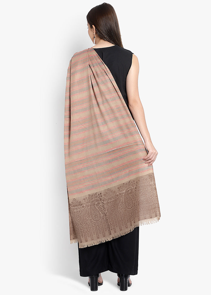 Beige Striped Woolen Shawl - Indian Silk House Agencies