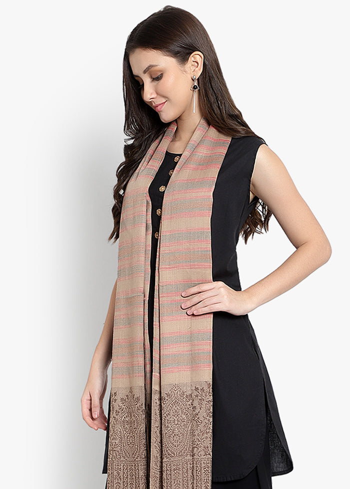 Beige Striped Woolen Shawl - Indian Silk House Agencies