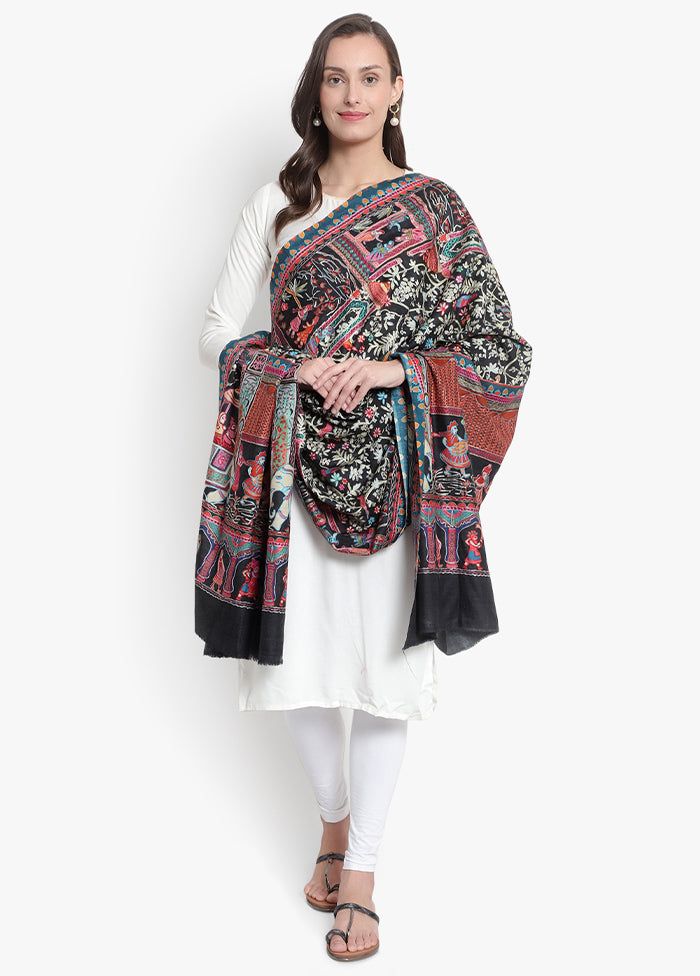 Black Pasmina Kalamari Woolen Shawl - Indian Silk House Agencies