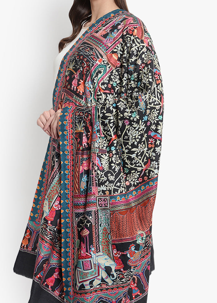 Black Pasmina Kalamari Woolen Shawl - Indian Silk House Agencies