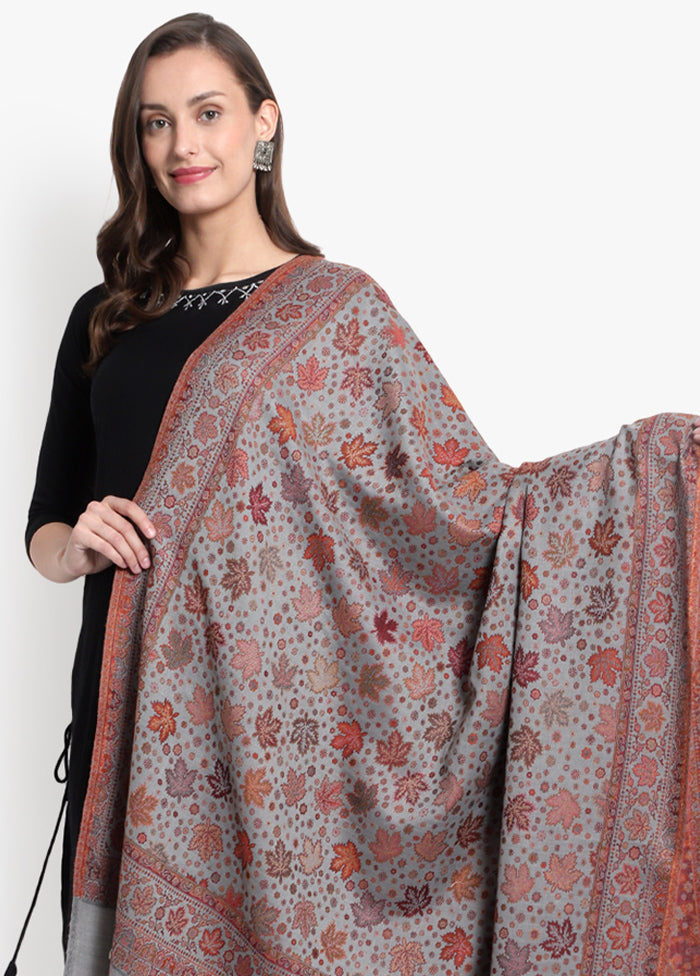 Grey Floral Woolen Shawl - Indian Silk House Agencies