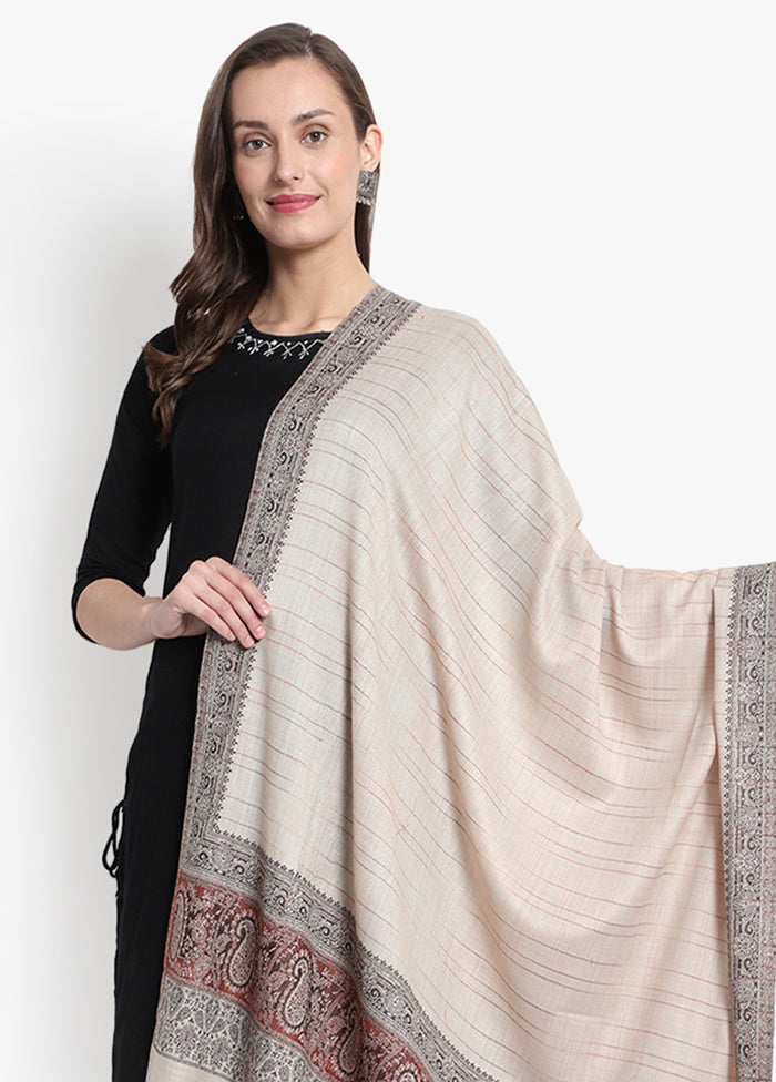 Beige Striped Woolen Shawl - Indian Silk House Agencies