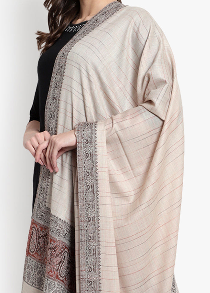 Beige Striped Woolen Shawl - Indian Silk House Agencies