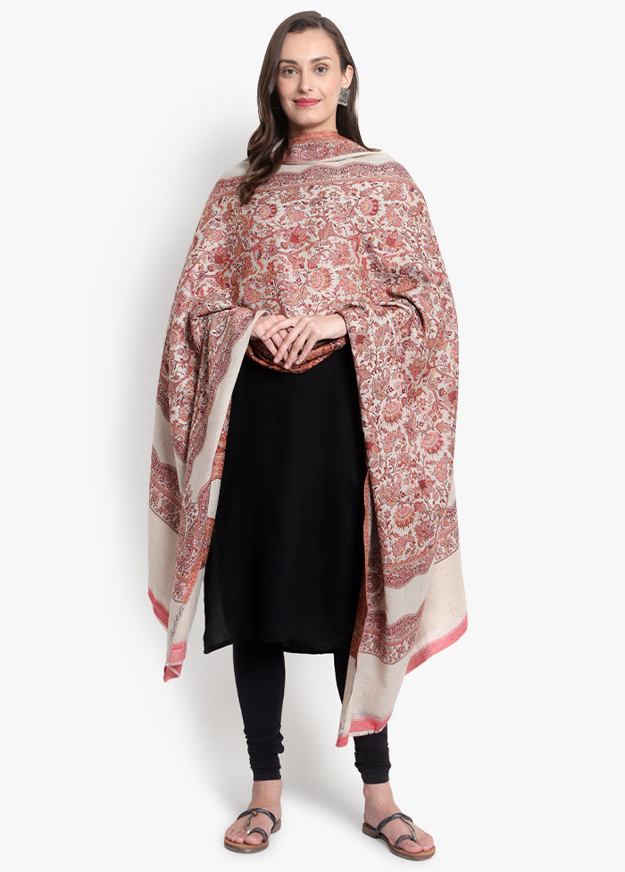 Beige Floral Woolen Shawl - Indian Silk House Agencies