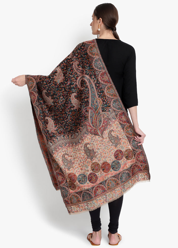 Black Floral Paisely Pattern Woolen Stole - Indian Silk House Agencies