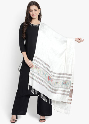 White Elephant Motifs Silk Stole - Indian Silk House Agencies