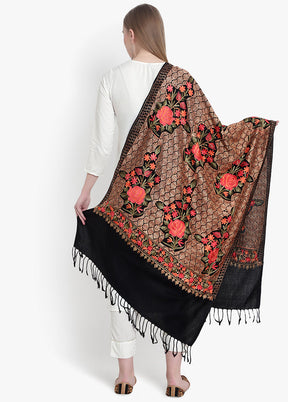 Black Floral Embridered Woolen Stole - Indian Silk House Agencies