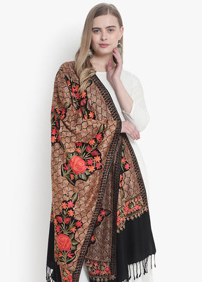 Black Floral Embridered Woolen Stole - Indian Silk House Agencies