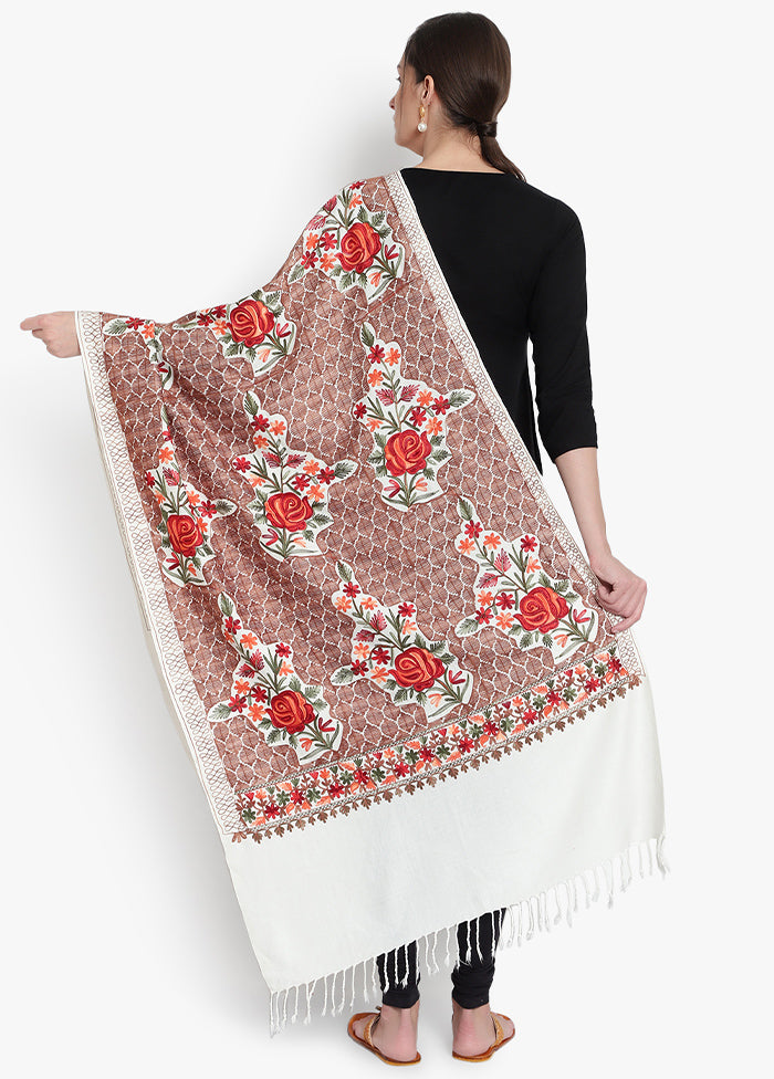 Cream Floral Embridered Woolen Stole - Indian Silk House Agencies