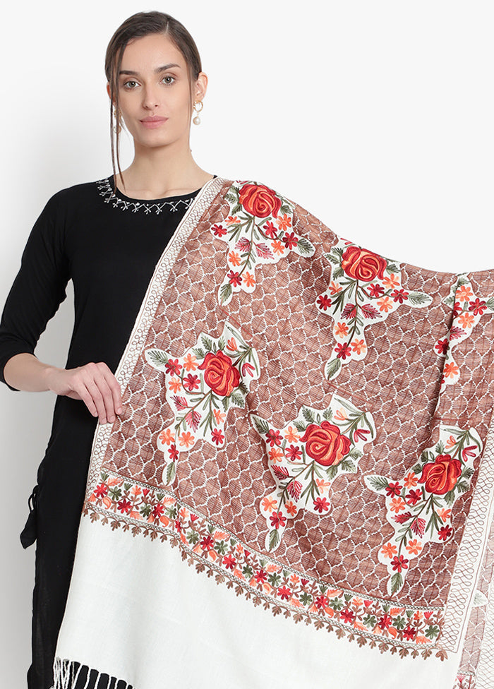 Cream Floral Embridered Woolen Stole - Indian Silk House Agencies