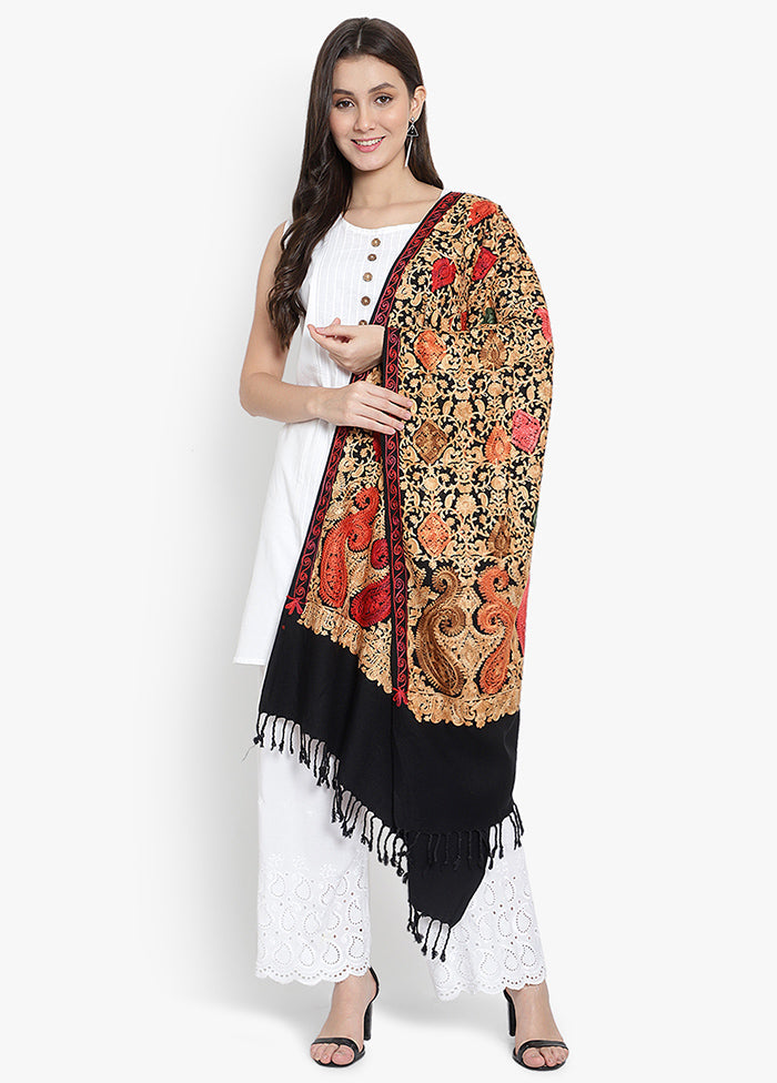 Black Floral Embridered Woolen Stole - Indian Silk House Agencies