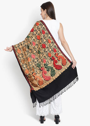 Black Floral Embridered Woolen Stole - Indian Silk House Agencies