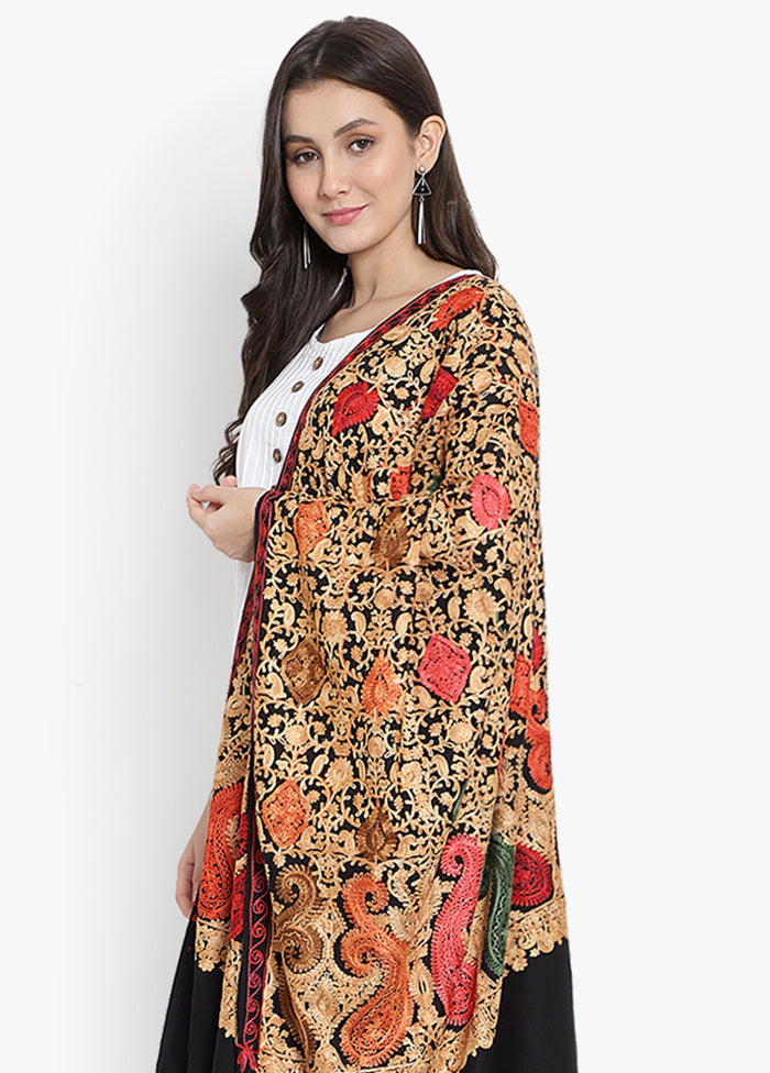 Black Floral Embridered Woolen Stole - Indian Silk House Agencies