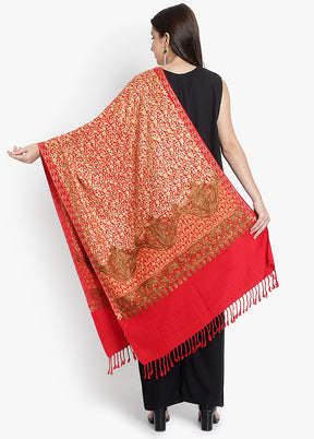 Red Floral Embridered Woolen Stole - Indian Silk House Agencies