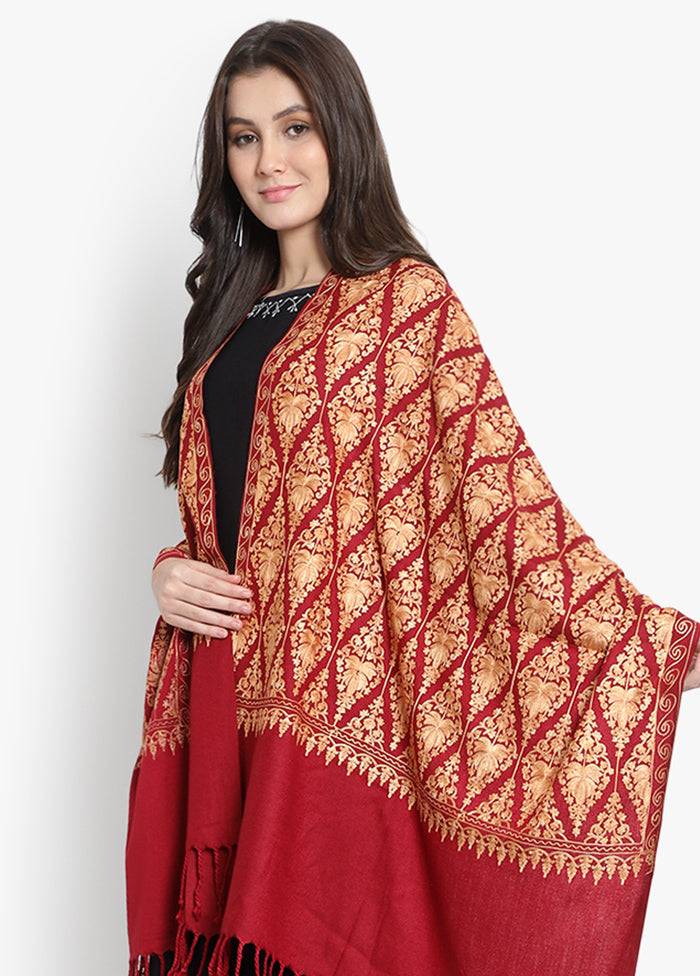 Maroon Floral Embridered Woolen Stole - Indian Silk House Agencies