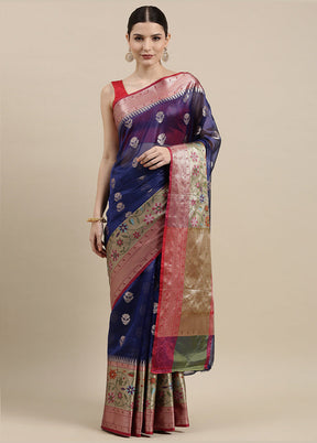 Blue Silk Saree With Blouse Piece - Indian Silk House Agencies