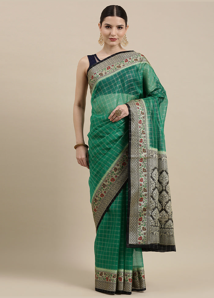 Green Organza Zari Saree Without Blouse Piece - Indian Silk House Agencies