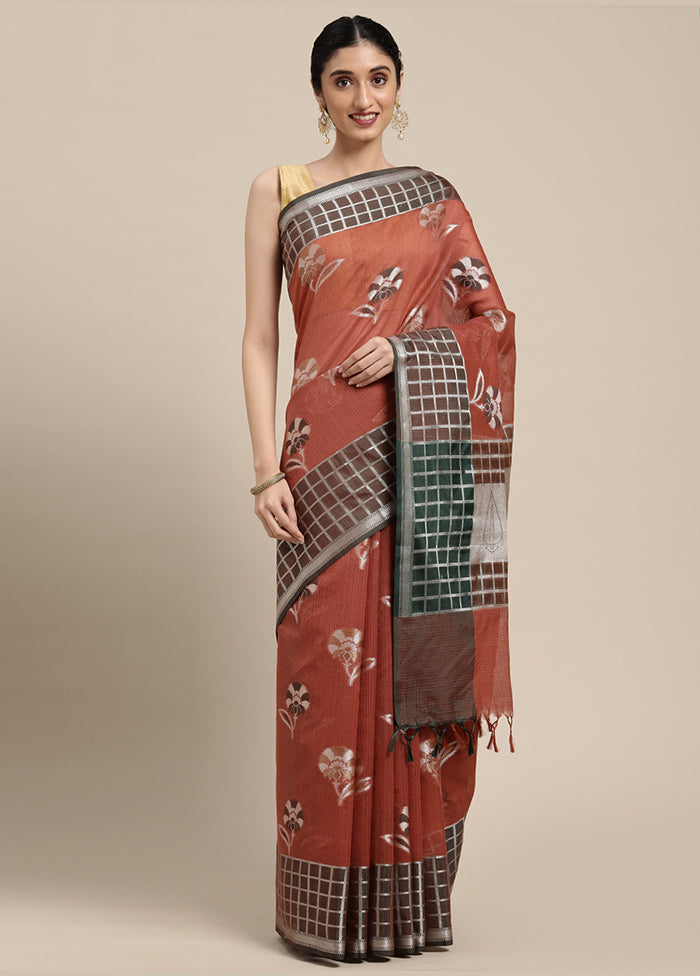 Rust Organza Zari Saree Without Blouse Piece - Indian Silk House Agencies