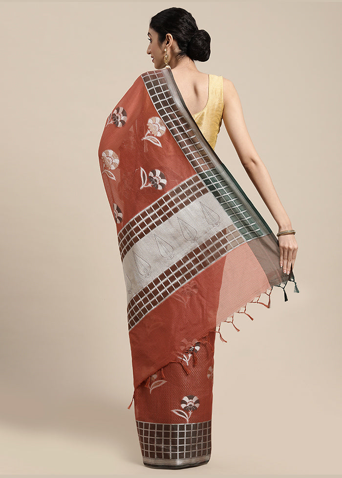 Rust Organza Zari Saree Without Blouse Piece - Indian Silk House Agencies