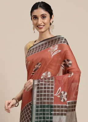 Rust Organza Zari Saree Without Blouse Piece - Indian Silk House Agencies