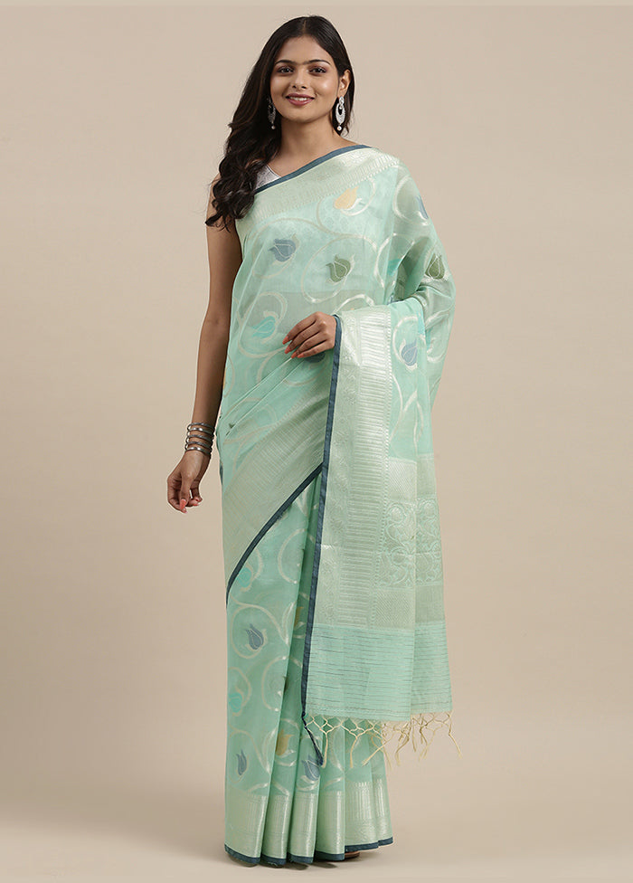 Sea Green Cotton Zari Saree Without Blouse Piece - Indian Silk House Agencies