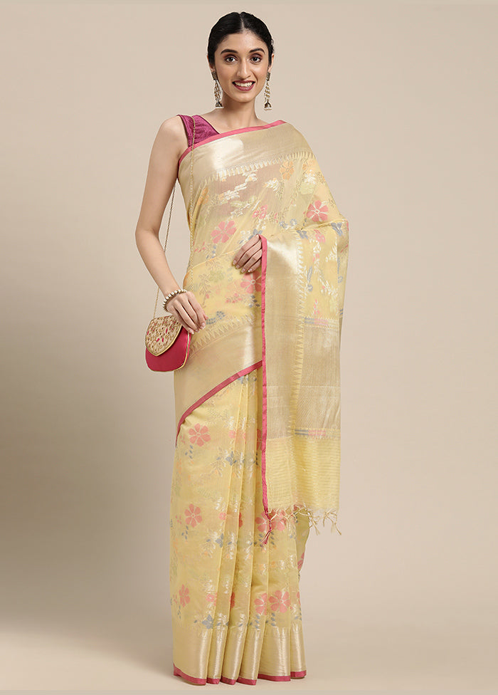 Yellow Cotton Zari Saree Without Blouse Piece - Indian Silk House Agencies