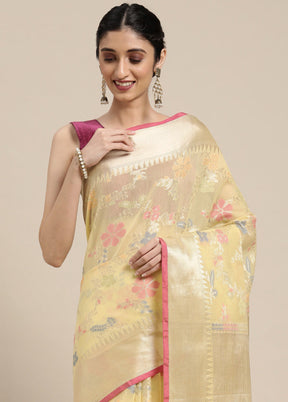 Yellow Cotton Zari Saree Without Blouse Piece - Indian Silk House Agencies