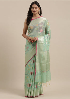 Sea Green Cotton Zari Saree Without Blouse Piece - Indian Silk House Agencies