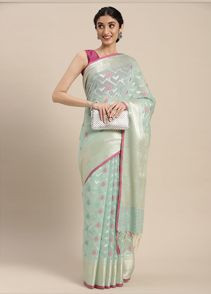 Sea Green Cotton Zari Saree Without Blouse Piece - Indian Silk House Agencies