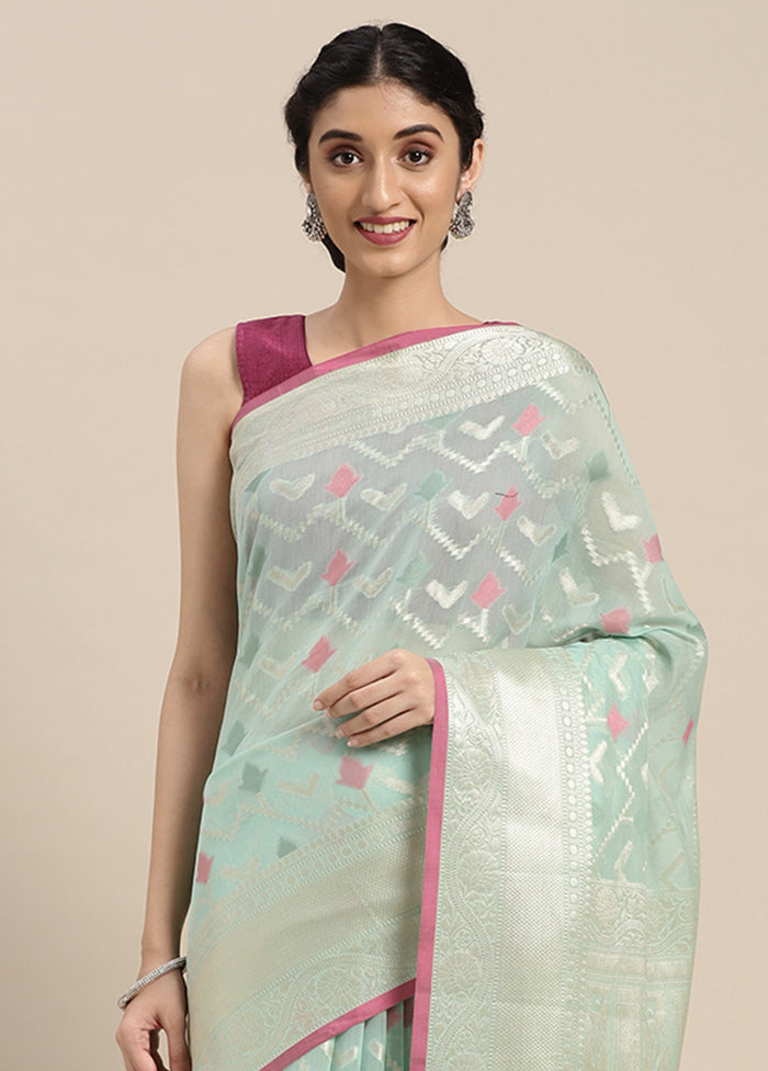 Sea Green Cotton Zari Saree Without Blouse Piece - Indian Silk House Agencies