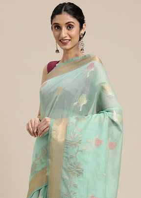 Sea Green Cotton Zari Saree Without Blouse Piece - Indian Silk House Agencies