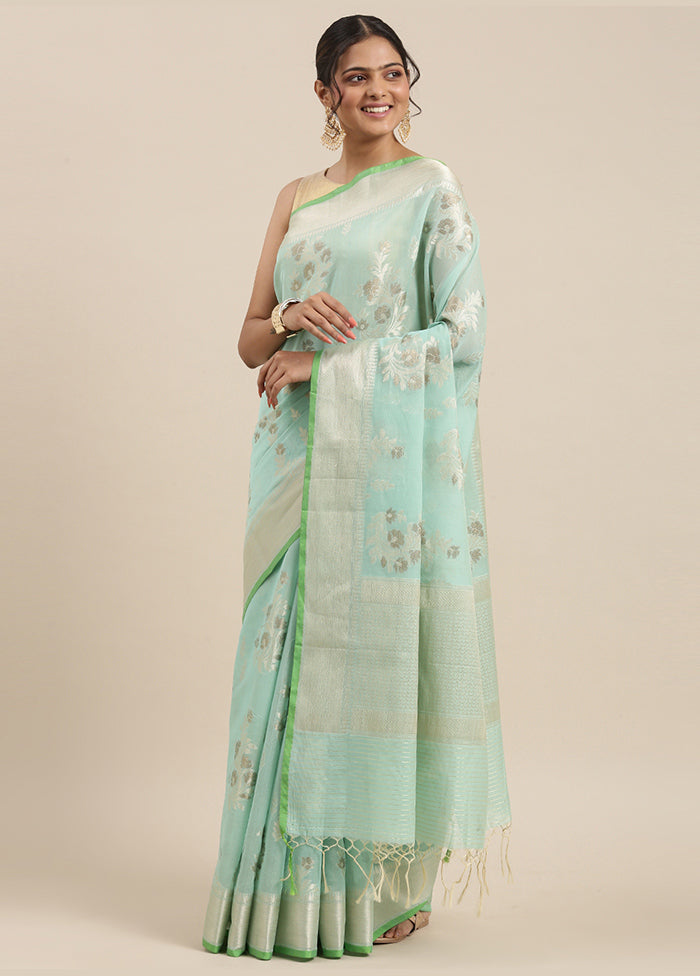 Sea Green Cotton Zari Saree Without Blouse Piece - Indian Silk House Agencies