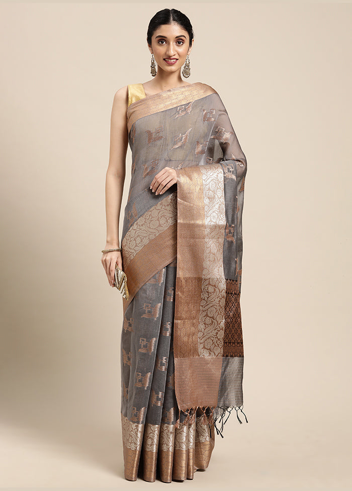 Grey Cotton Zari Saree Without Blouse Piece - Indian Silk House Agencies