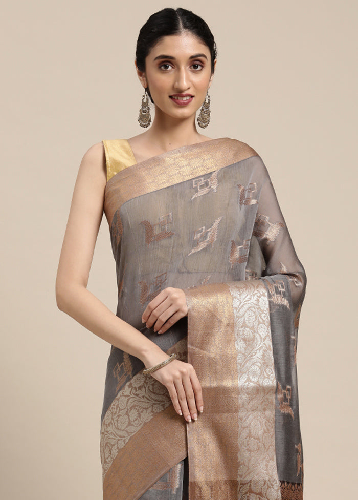 Grey Cotton Zari Saree Without Blouse Piece - Indian Silk House Agencies