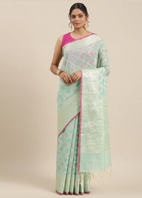 Sea Green Cotton Zari Saree Without Blouse Piece - Indian Silk House Agencies