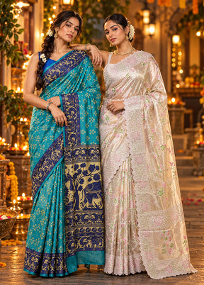 Midnight Zari Duo – Blue Printed Silk & Cream Tissue Silk Sarees