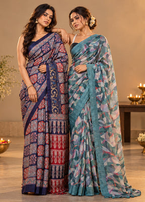 Monsoon Mustard Duo – Blue Printed Silk & Multicolor Chiffon Sarees