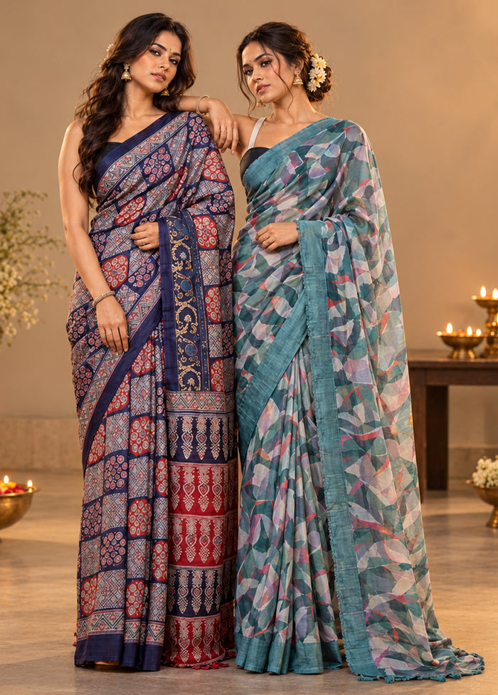 Monsoon Mustard Duo – Blue Printed Silk & Multicolor Chiffon Sarees