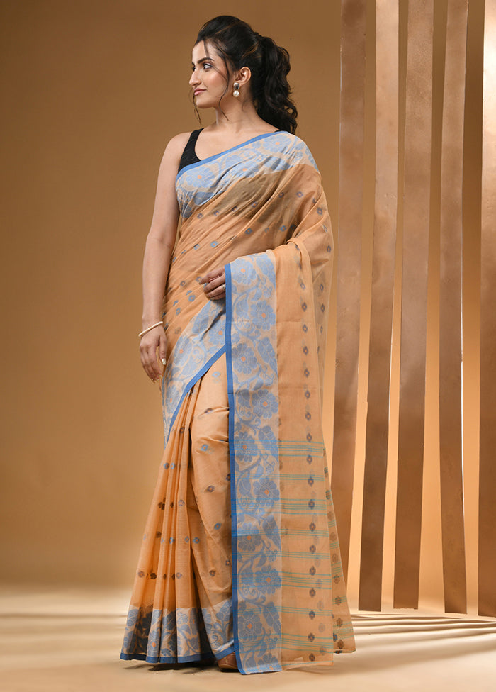 Beige Cotton Woven Work Saree Without Blouse Piece