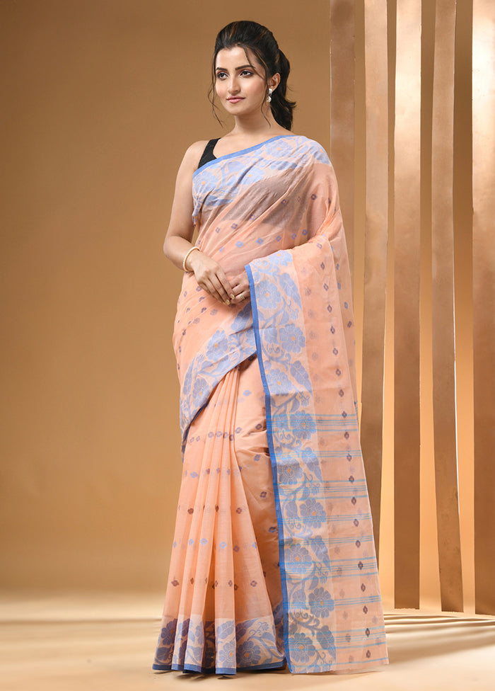 Peach Cotton Woven Work Saree Without Blouse Piece