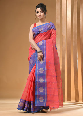 Red Cotton Woven Work Saree Without Blouse Piece