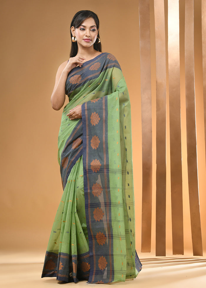 Green Cotton Woven Work Saree Without Blouse Piece