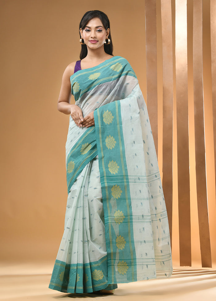 Mint Green Cotton Woven Work Saree Without Blouse Piece