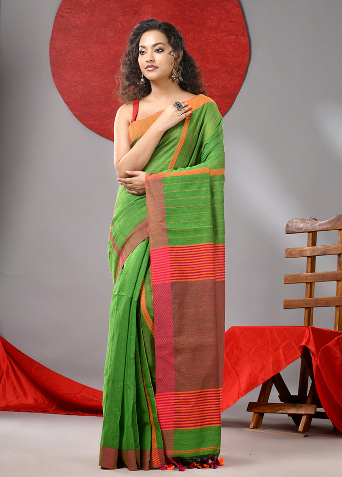 Parrot Green Cotton Saree With Blouse Piece