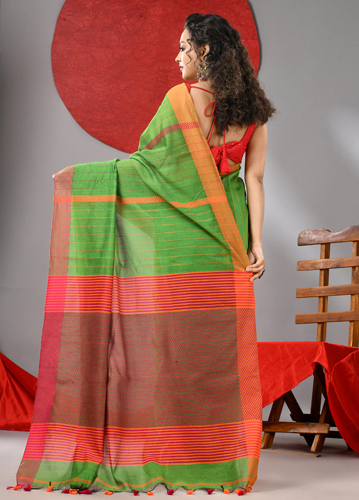 Parrot Green Cotton Saree With Blouse Piece