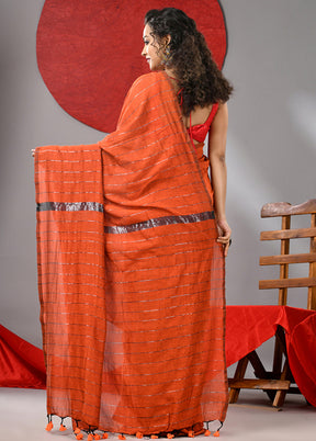 Orange Cotton Saree With Blouse Piece