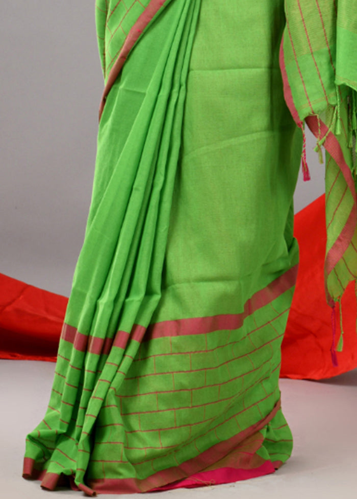 Parrot Green Cotton Saree With Blouse Piece