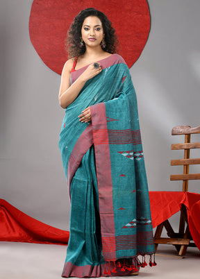 Teal Linen Silk Saree With Blouse Piece