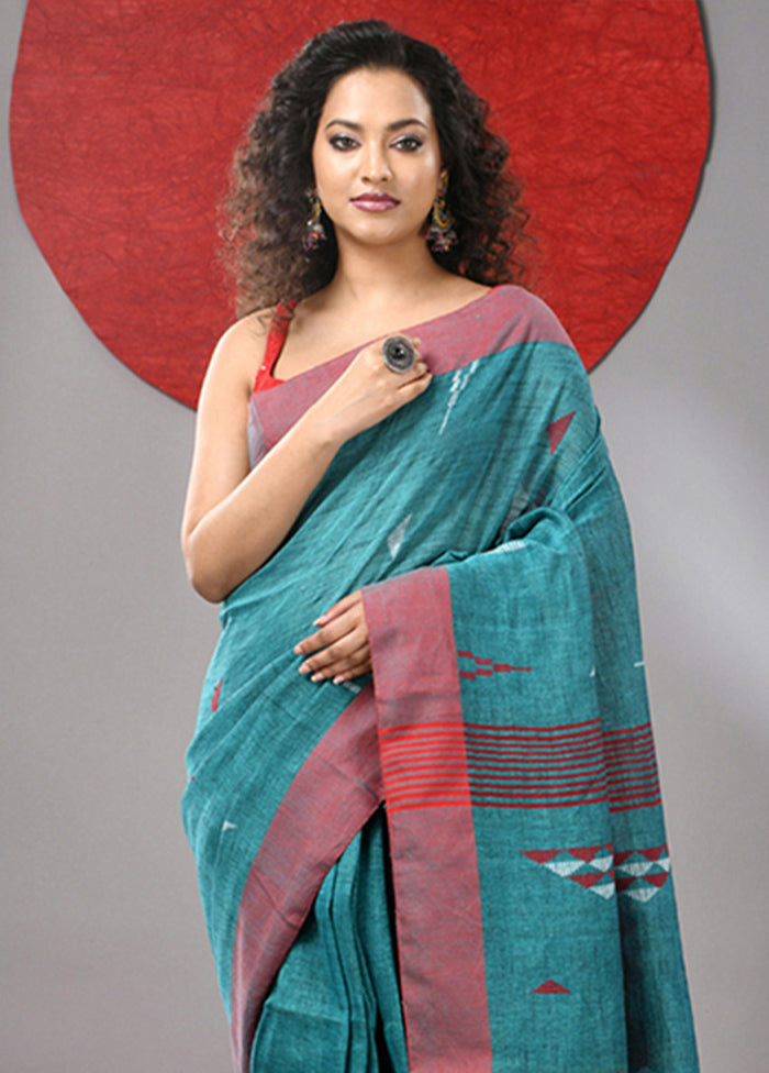 Teal Linen Silk Saree With Blouse Piece